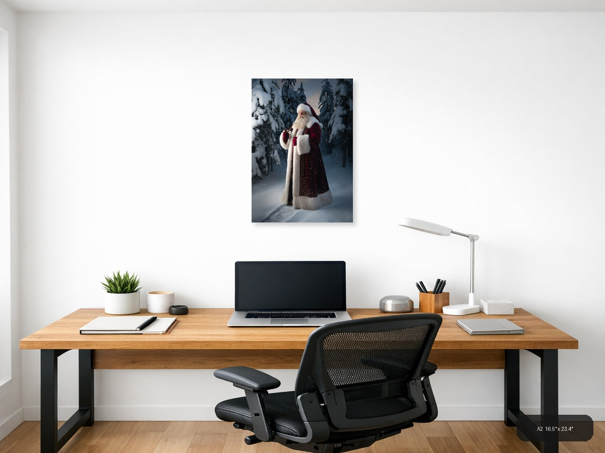 Santa in Snowy Forest Portrait Photography Wall Art — A2 / Office