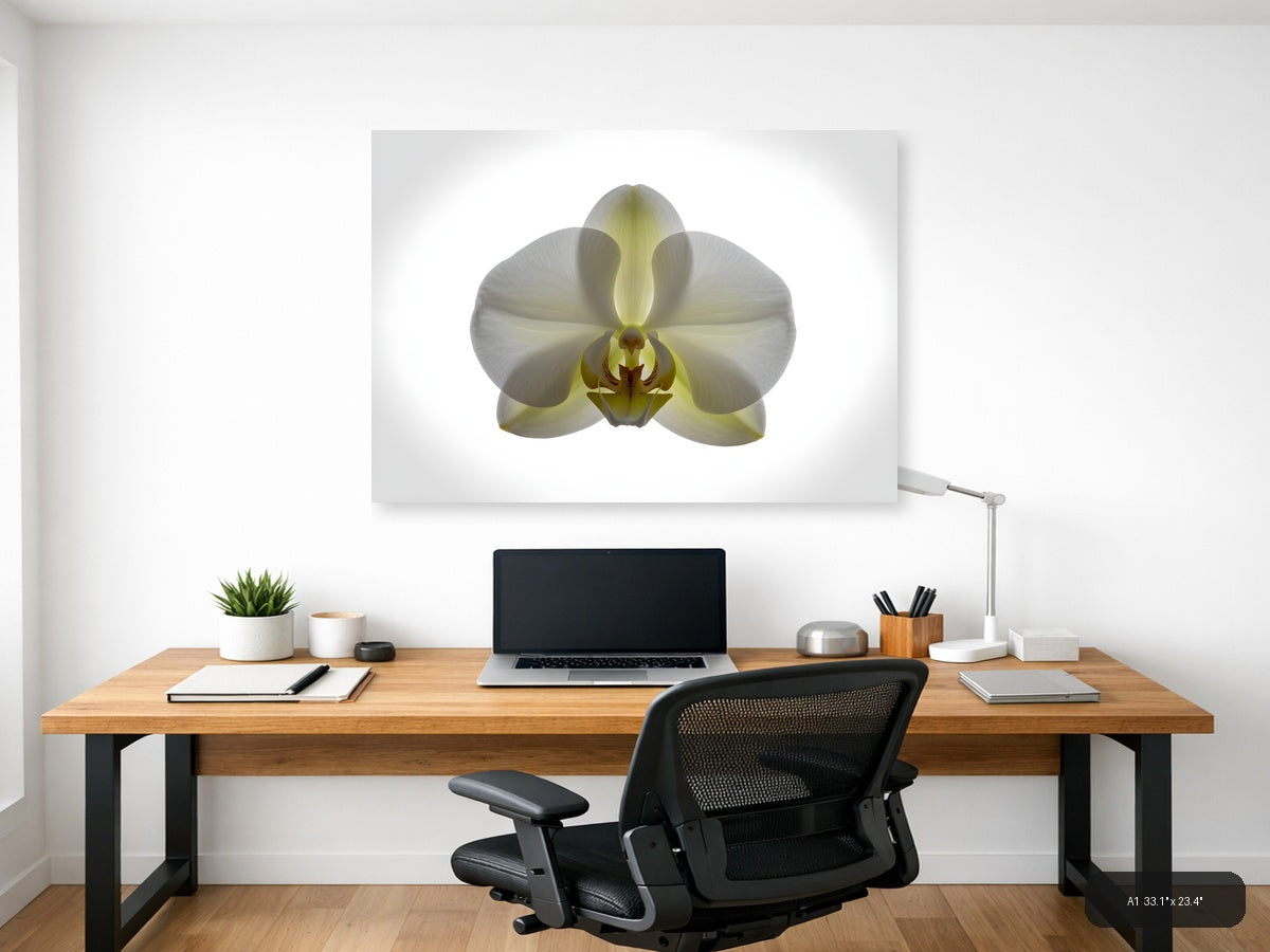 White Orchid with Yellow Centre Minimalist Wall Art — A1 / Office