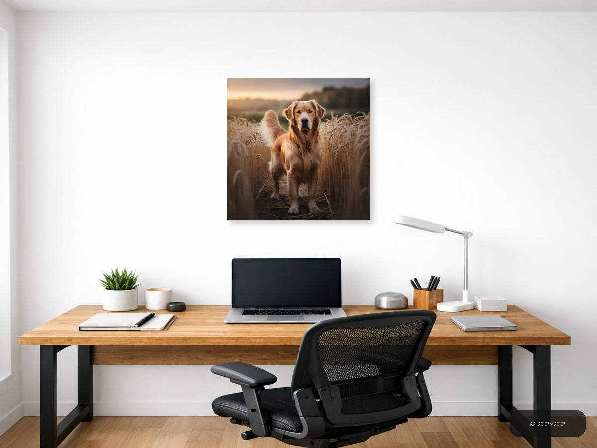 Golden Retriever in Wheat Field at Sunset Photography Wall Art — A2 / Office