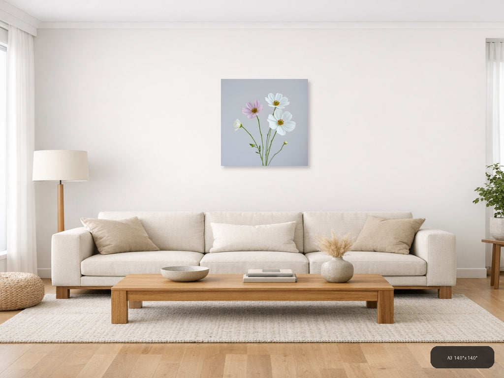 Minimalist Cosmos Flowers Pink White Wall Art — A3 / Living Room