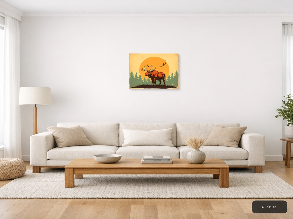 Vintage Moose Silhouette Sunset Forest Wall Art — A4 / Living Room