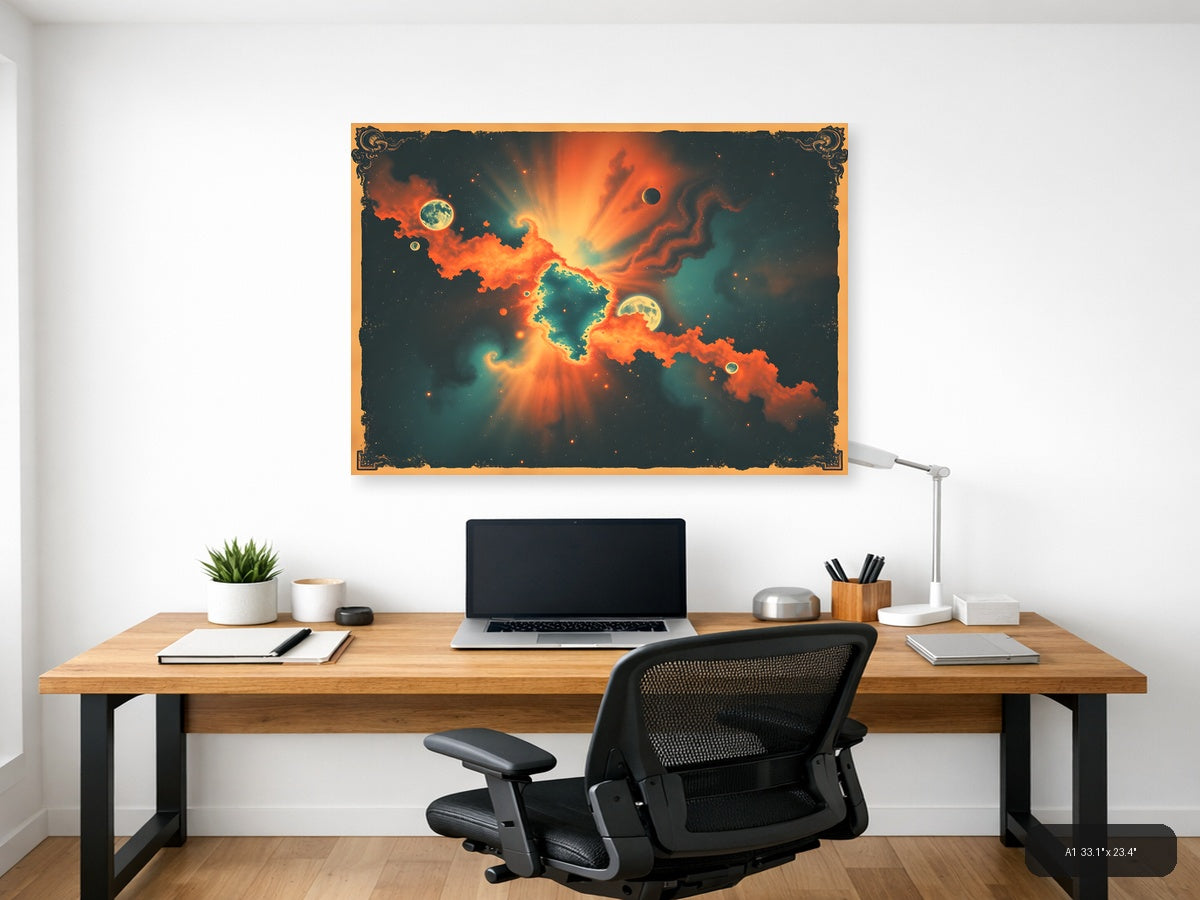 Vintage Cosmic Nebula with Planets - Orange Teal Wall Art — A1 / Office