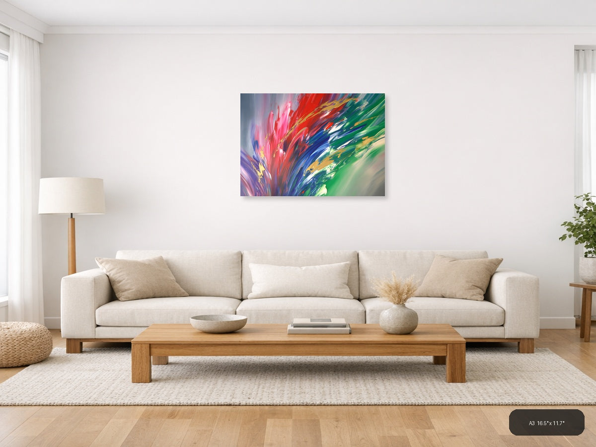 Vibrant Abstract Explosion: Pink, Red & Green Wall Art — A3 / Living Room