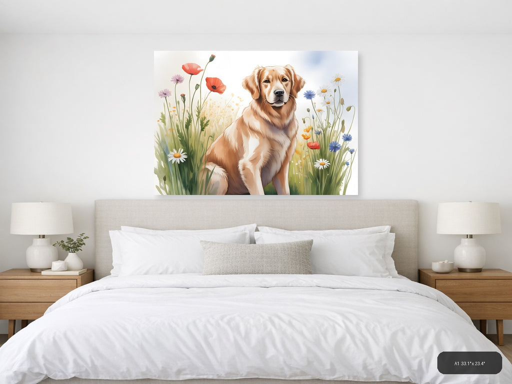 Golden Retriever in Wildflower Field Watercolor Wall Art — A1 / Bedroom