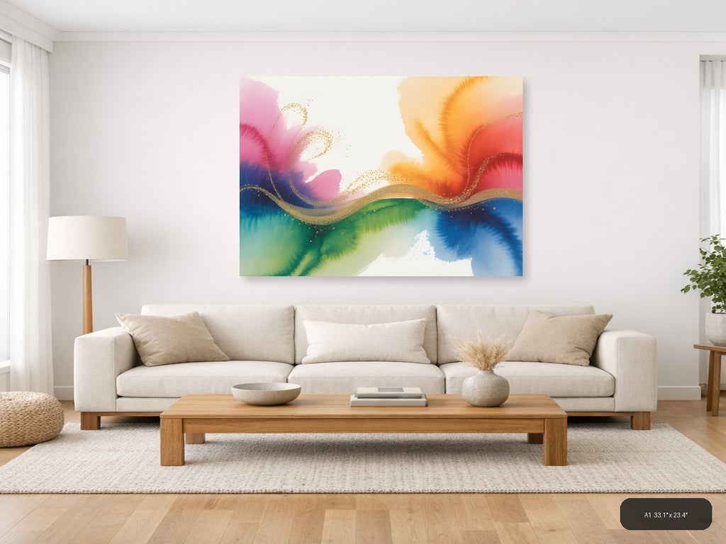 Colorful Watercolor Wave with Gold Accents Wall Art — A1 / Living Room