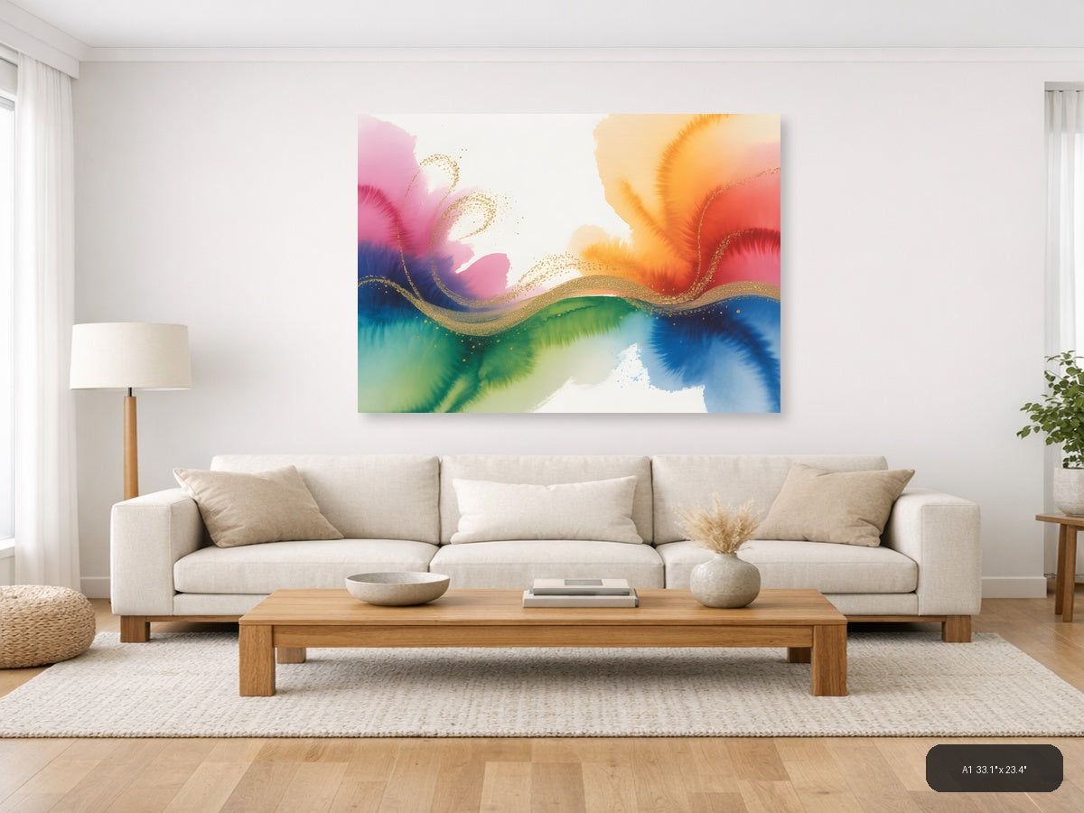Colorful Watercolor Wave with Gold Accents Wall Art — A1 / Living Room