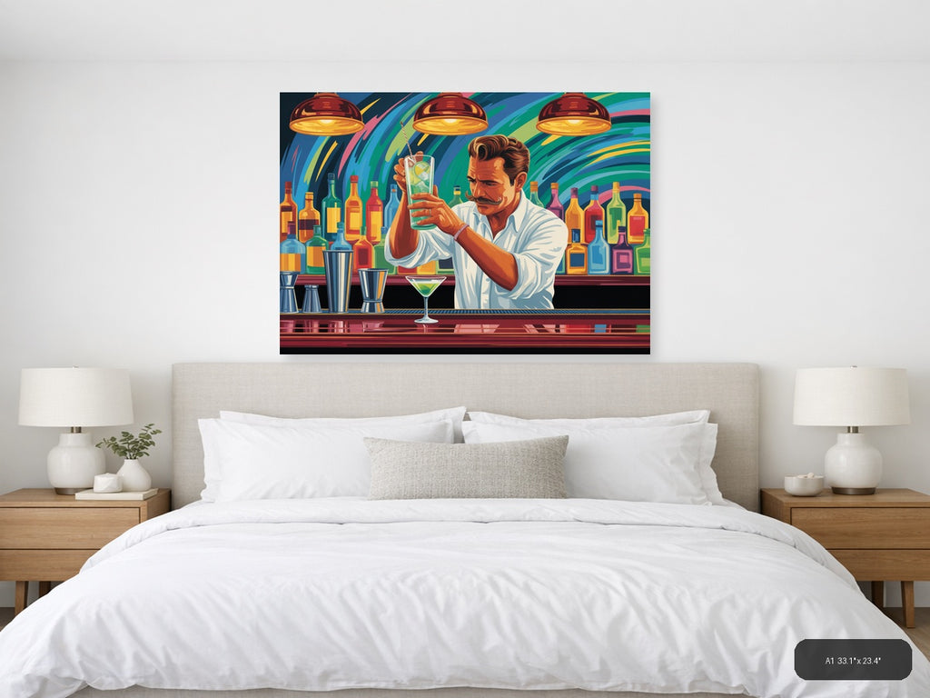 Vibrant Bartender Portrait Abstract Colorful Wall Art — A1 / Bedroom