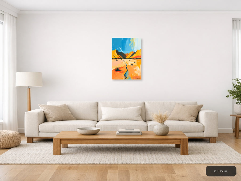 Desert Landscape with Blue Stream Abstract Wall Art — A3 / Living Room