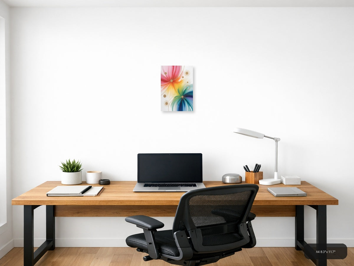Rainbow Watercolor Sunburst with Gold Accents Wall Art — A4 / Office