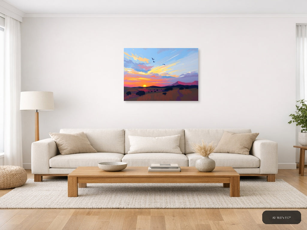 Abstract Sunset Landscape with Birds - Canvas Wall Art — A3 / Living Room