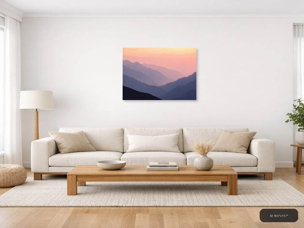 Minimalist Mountain Valley Sunset Pink Sky Wall Art — A3 / Living Room