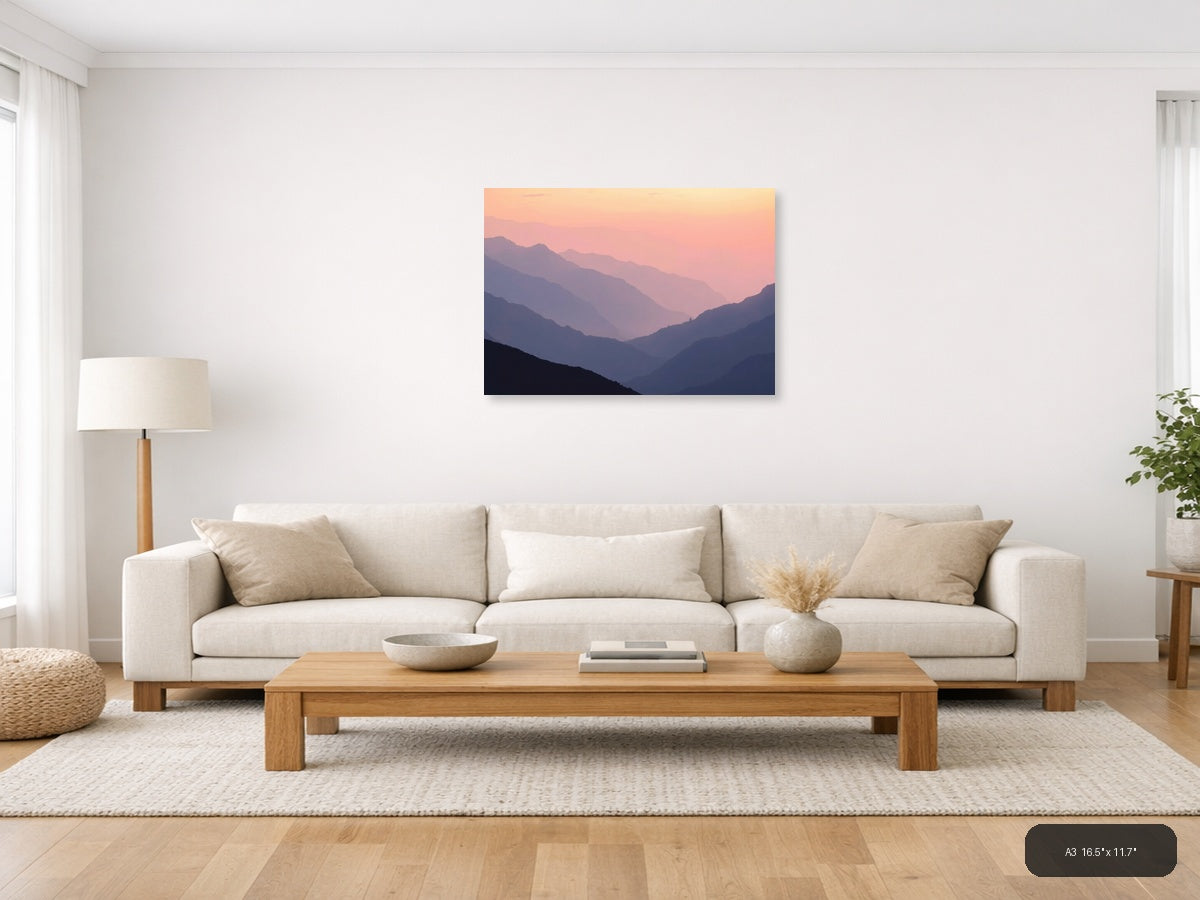 Minimalist Mountain Valley Sunset Pink Sky Wall Art — A3 / Living Room