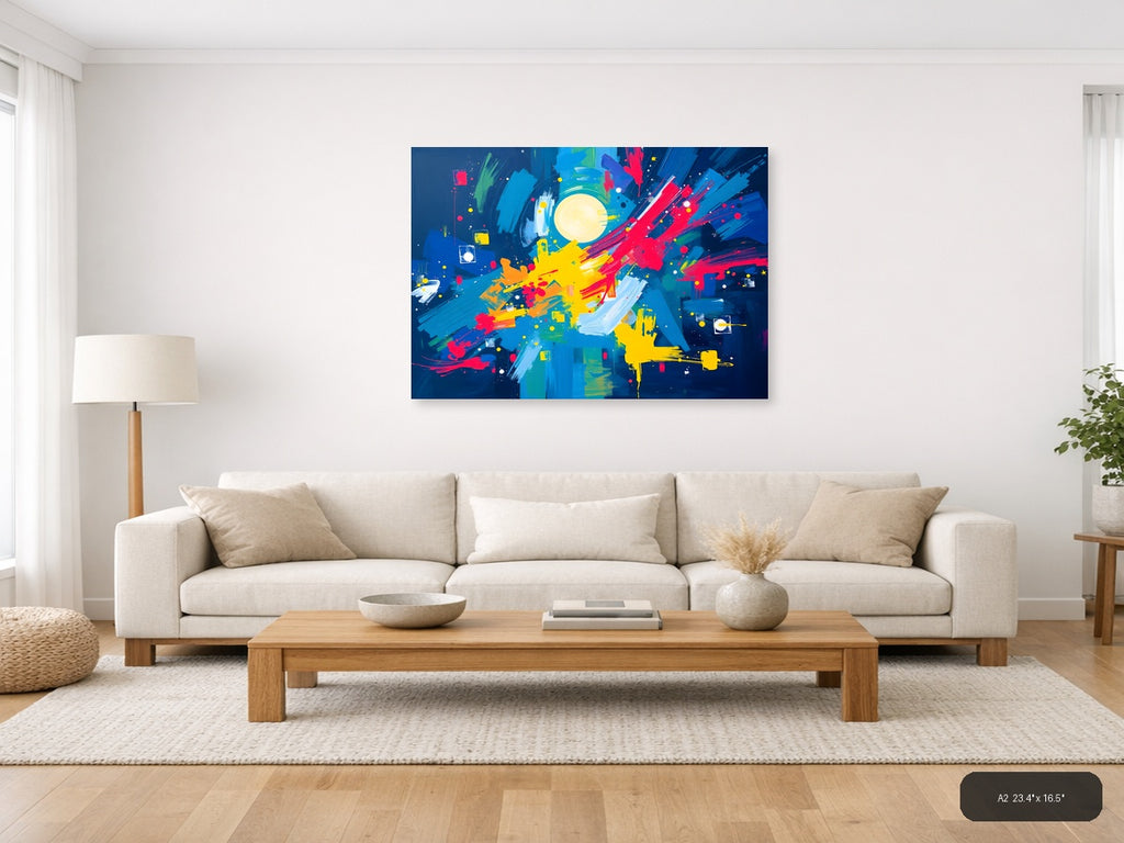 Vibrant Abstract Moon & Explosion Blue Canvas Wall Art — A2 / Living Room