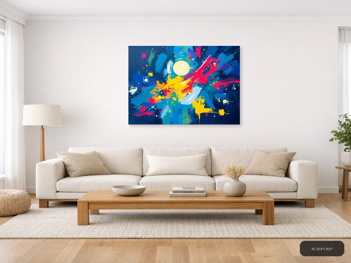 Vibrant Abstract Moon & Explosion Blue Canvas Wall Art — A2 / Living Room