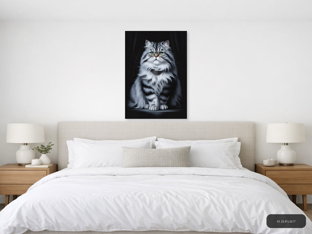 Majestic Grey Tabby Cat with Green Eyes Photography Wall Art — A1 / Bedroom