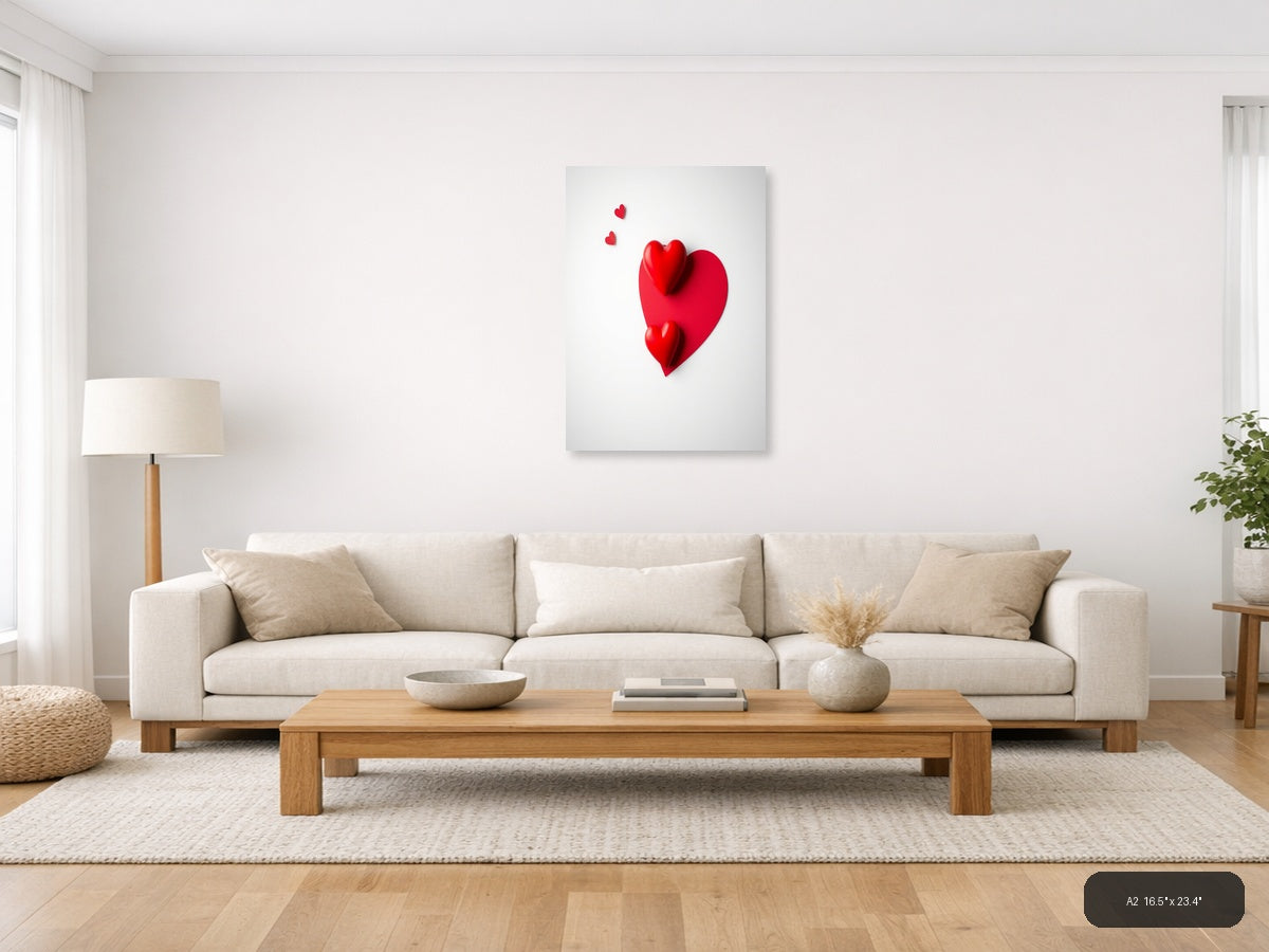 Red Hearts 3D Minimalist Design | Modern Love Canvas Wall Art — A2 (Living Room)