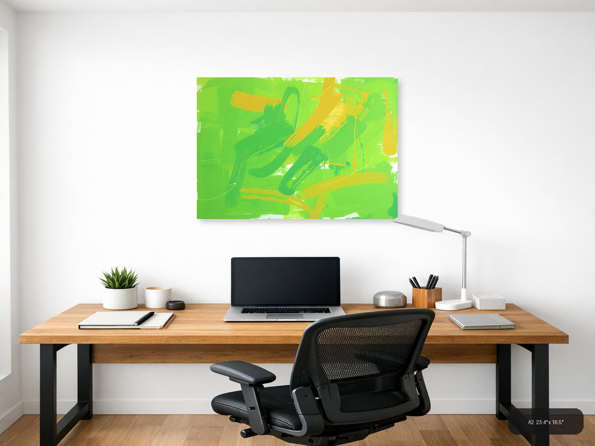 Green and Yellow Abstract Brushstrokes Wall Art — A2 / Office