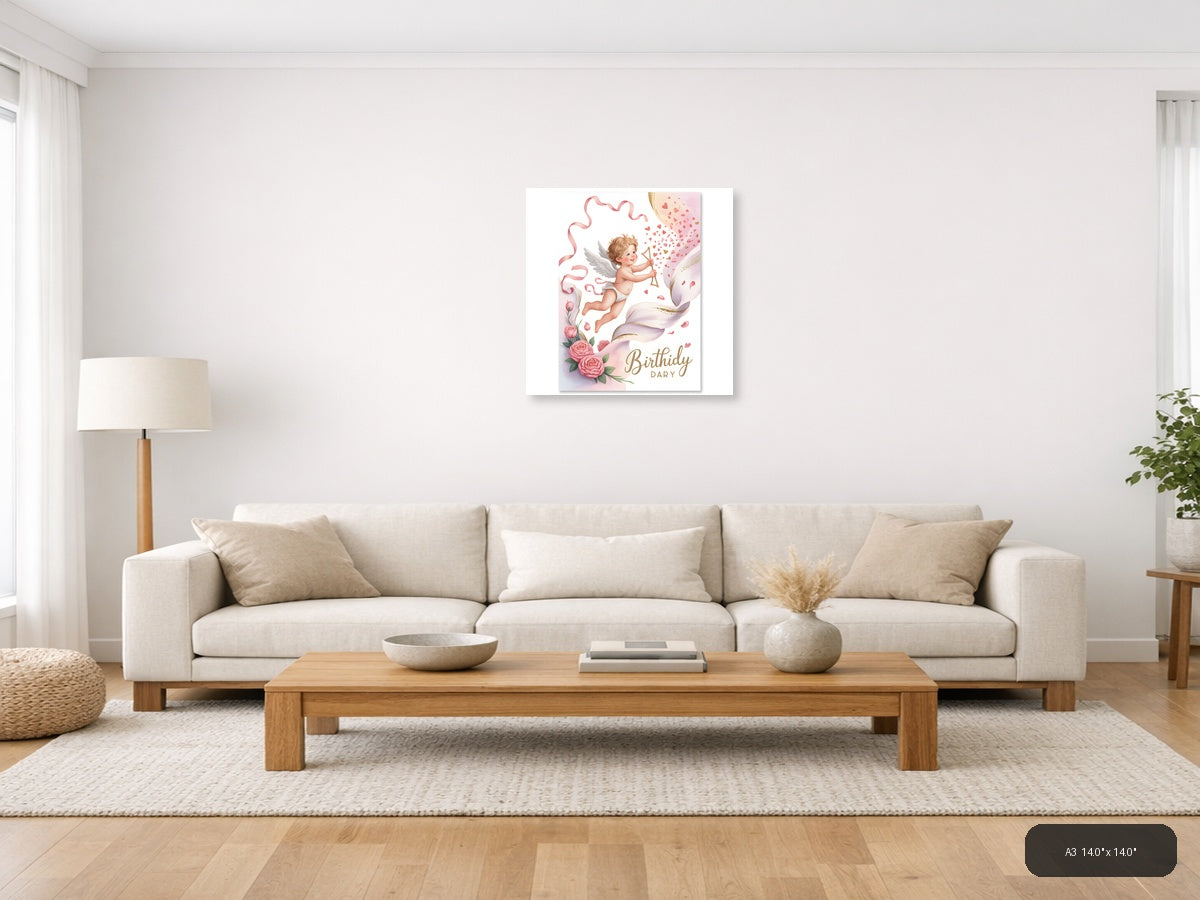 Cupid Birthday Dary Watercolor Angel Wings Wall Art — A3 / Living Room