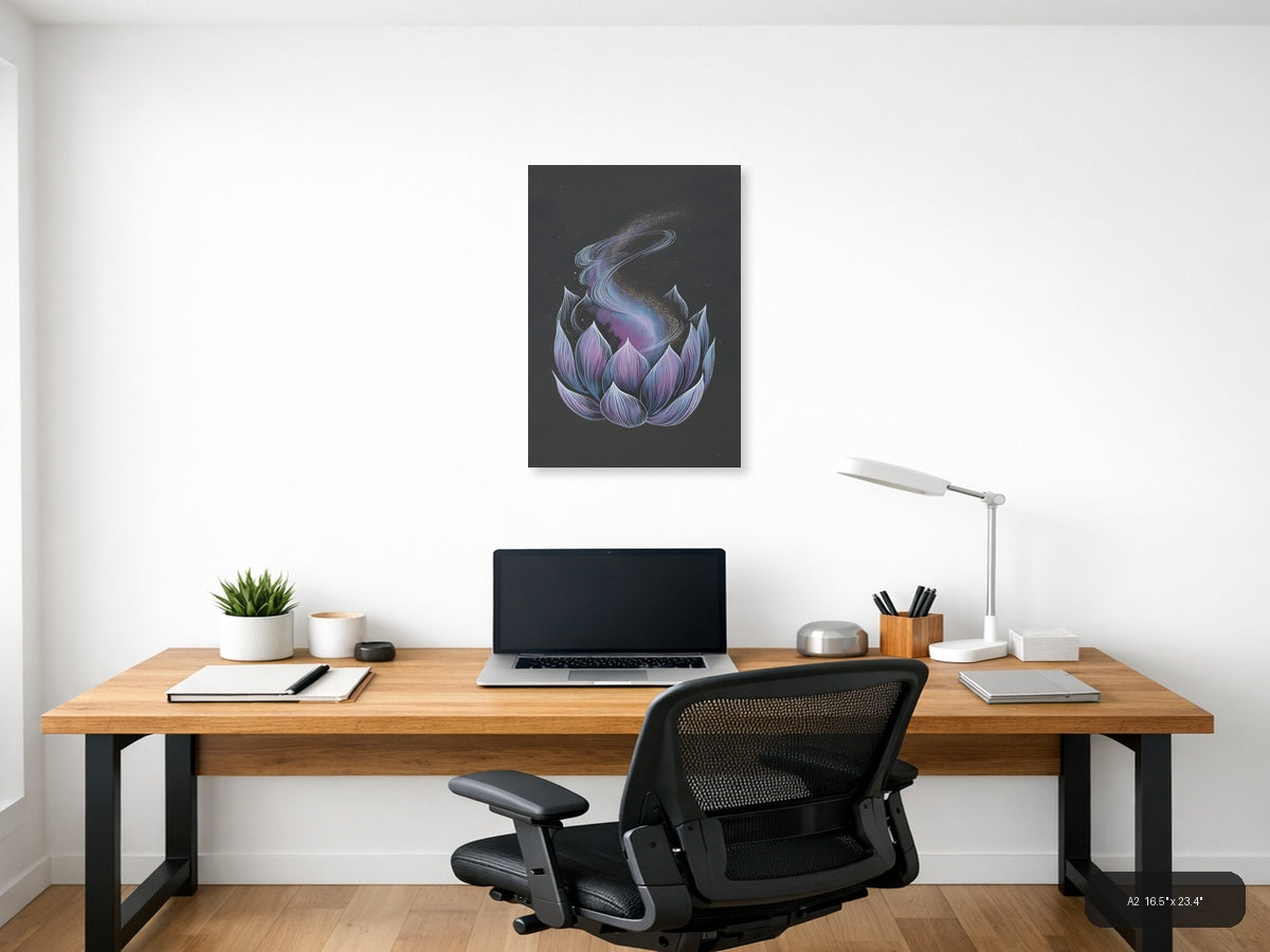 Cosmic Lotus Flower Line Art Galaxy Wall Art — A2 / Office