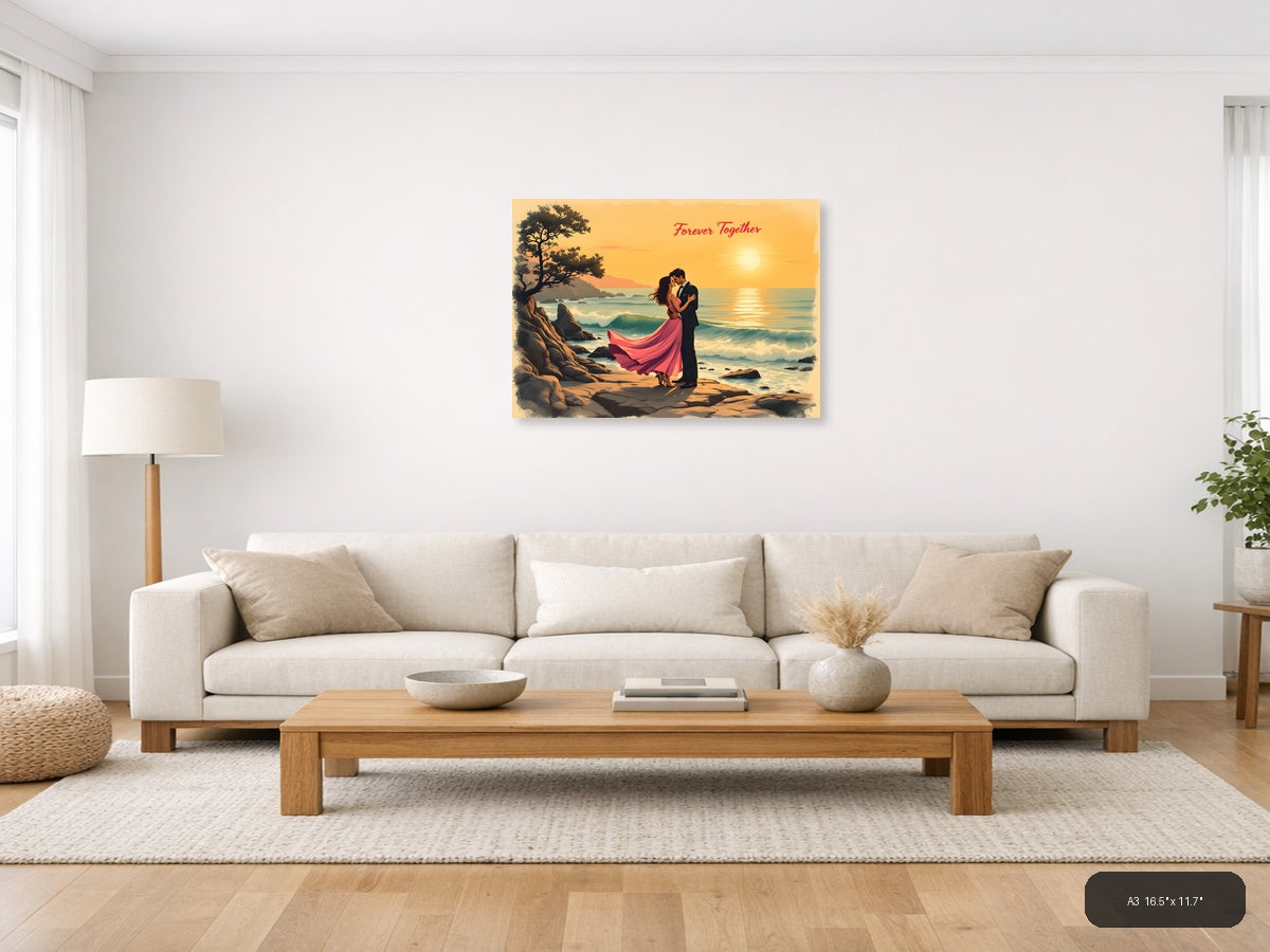 Forever Together Couple Beach Sunset Vintage Wall Art — A3 / Living Room