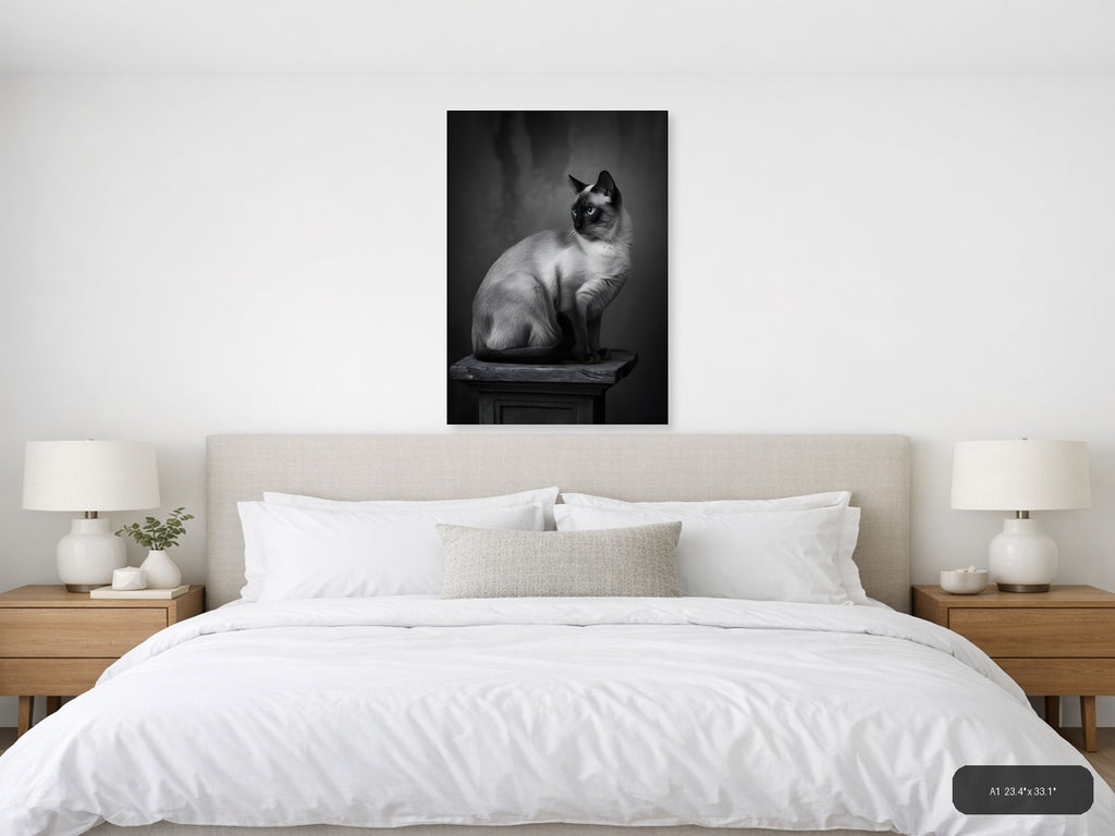 Siamese Cat Portrait Black and White Photography Wall Art — A1 / Bedroom