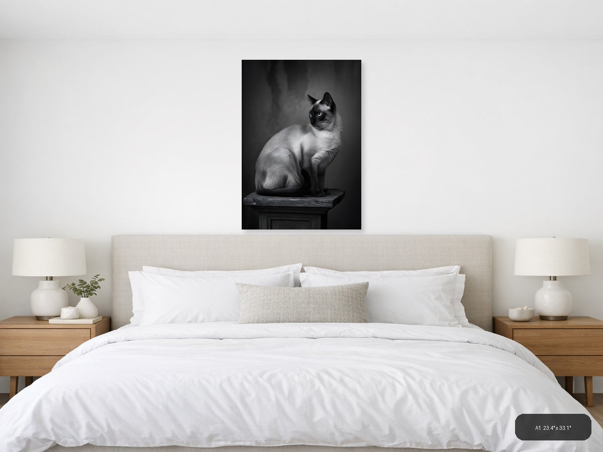 Siamese Cat Portrait Black and White Photography Wall Art — A1 / Bedroom