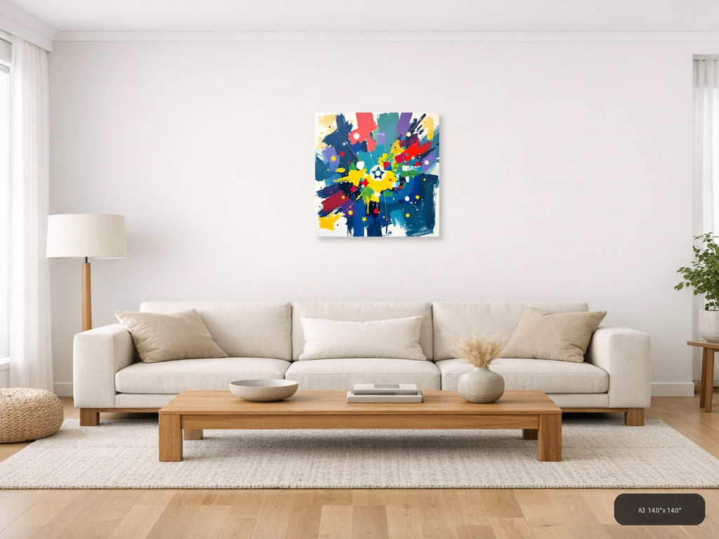 Vibrant Abstract Starburst with Colorful Brushstrokes Wall Art — A3 / Living Room