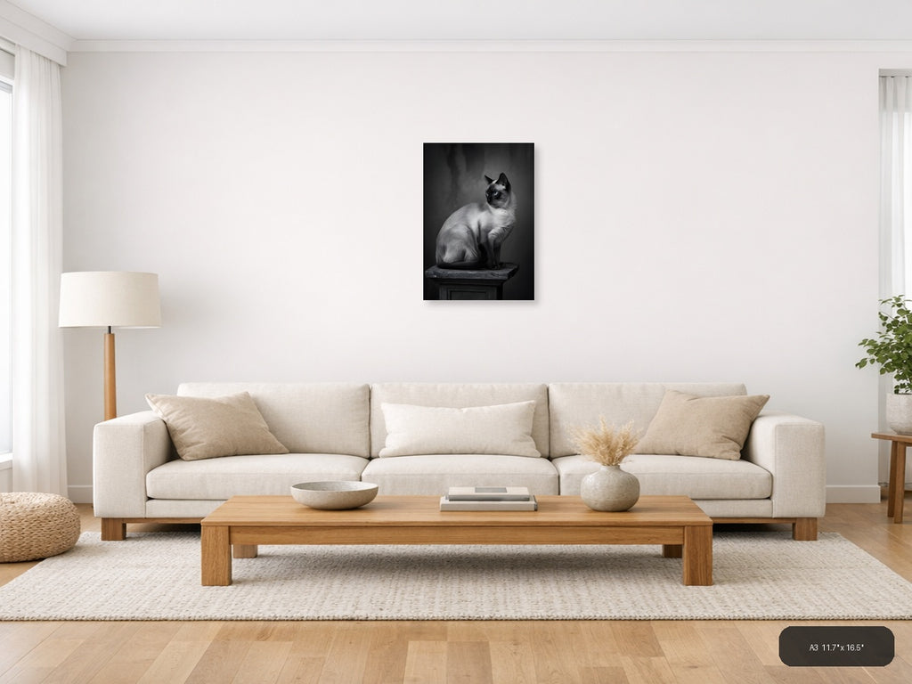 Siamese Cat Portrait Black and White Photography Wall Art — A3 / Living Room
