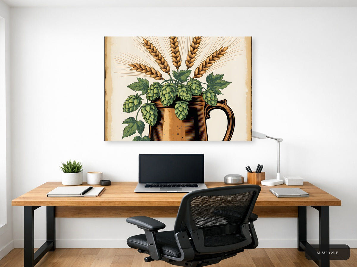 Vintage Beer Hops and Wheat Botanical Wall Art — A1 / Office