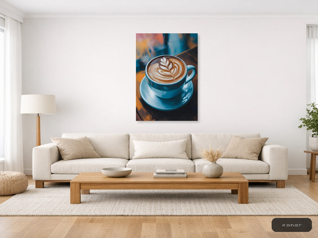 Latte Art Coffee Cup Abstract Blue Wall Art — A1 / Living Room