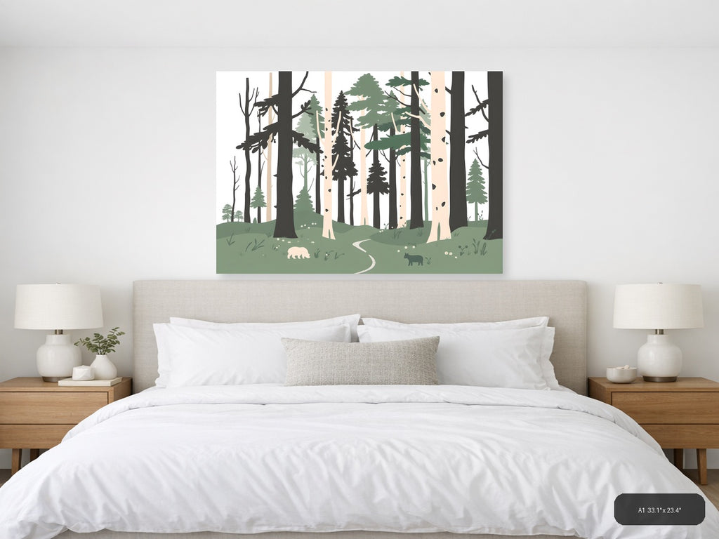 Minimalist Forest Path with Wildlife Wall Art — A1 / Bedroom