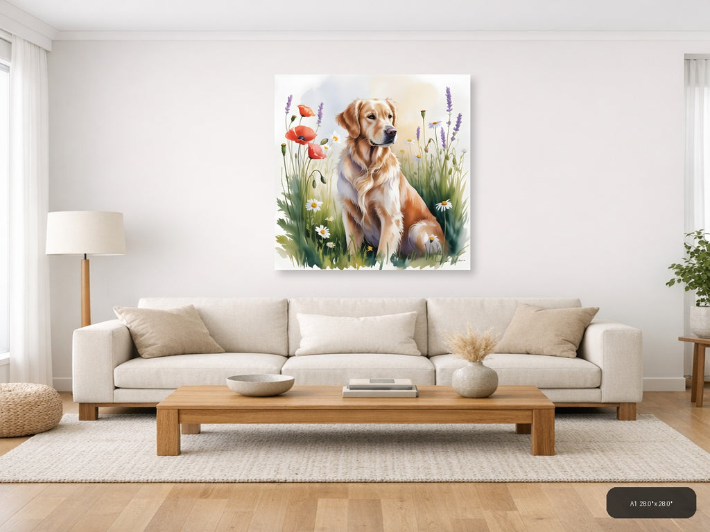 Golden Retriever in Wildflower Garden Watercolor Wall Art — A1 / Living Room