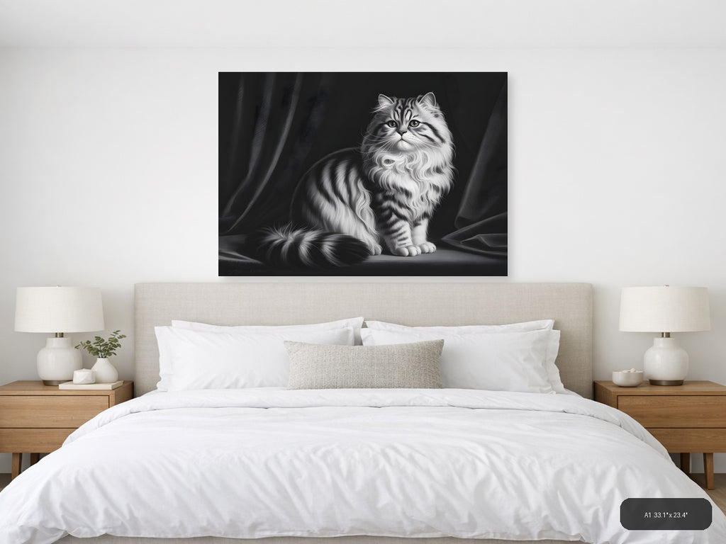 Fluffy Tabby Cat Black and White Photography Wall Art — A1 / Bedroom