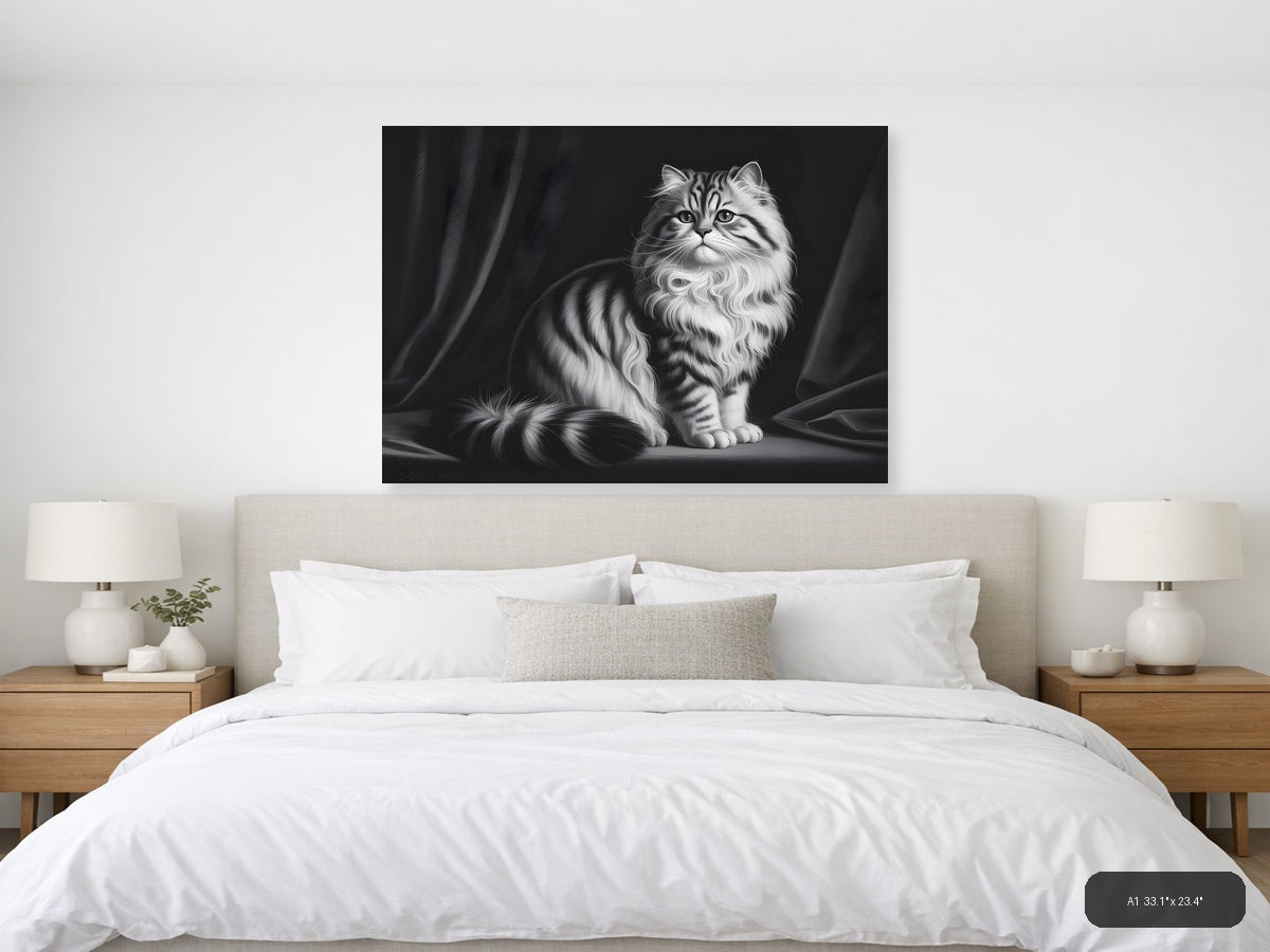 Fluffy Tabby Cat Black and White Photography Wall Art — A1 / Bedroom