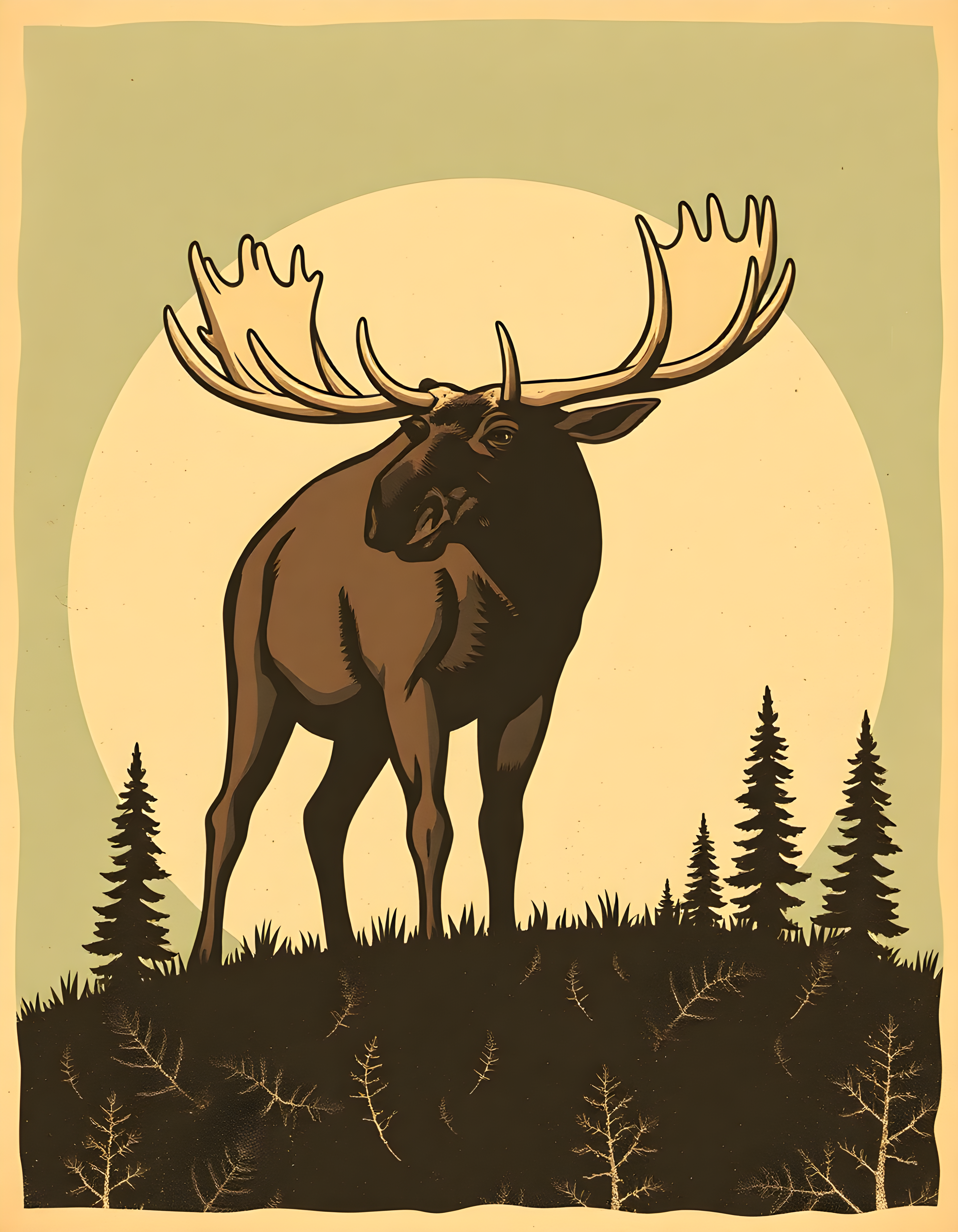 Vintage Moose Silhouette Moon Forest Wall Art