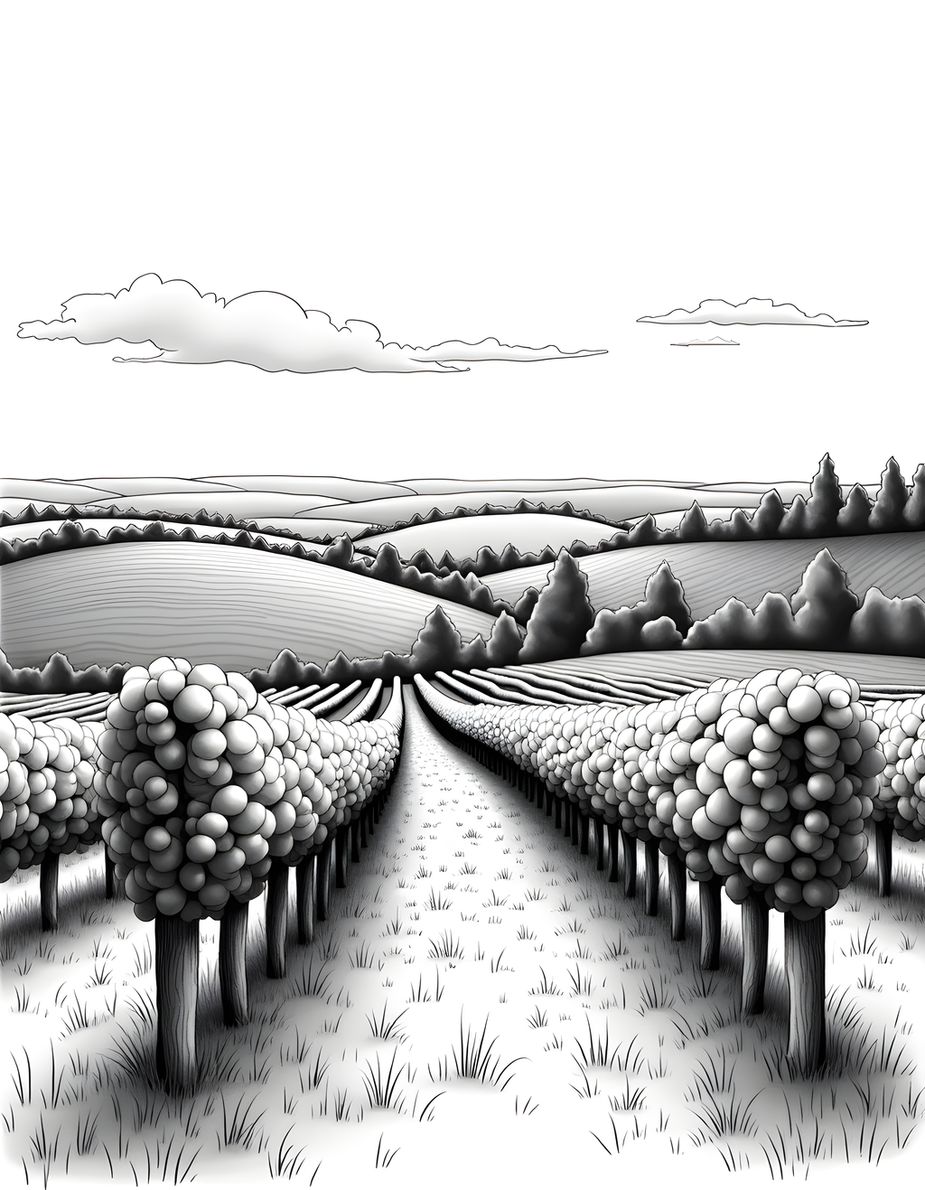 Orchard Farm Landscape Line Art Wall Art