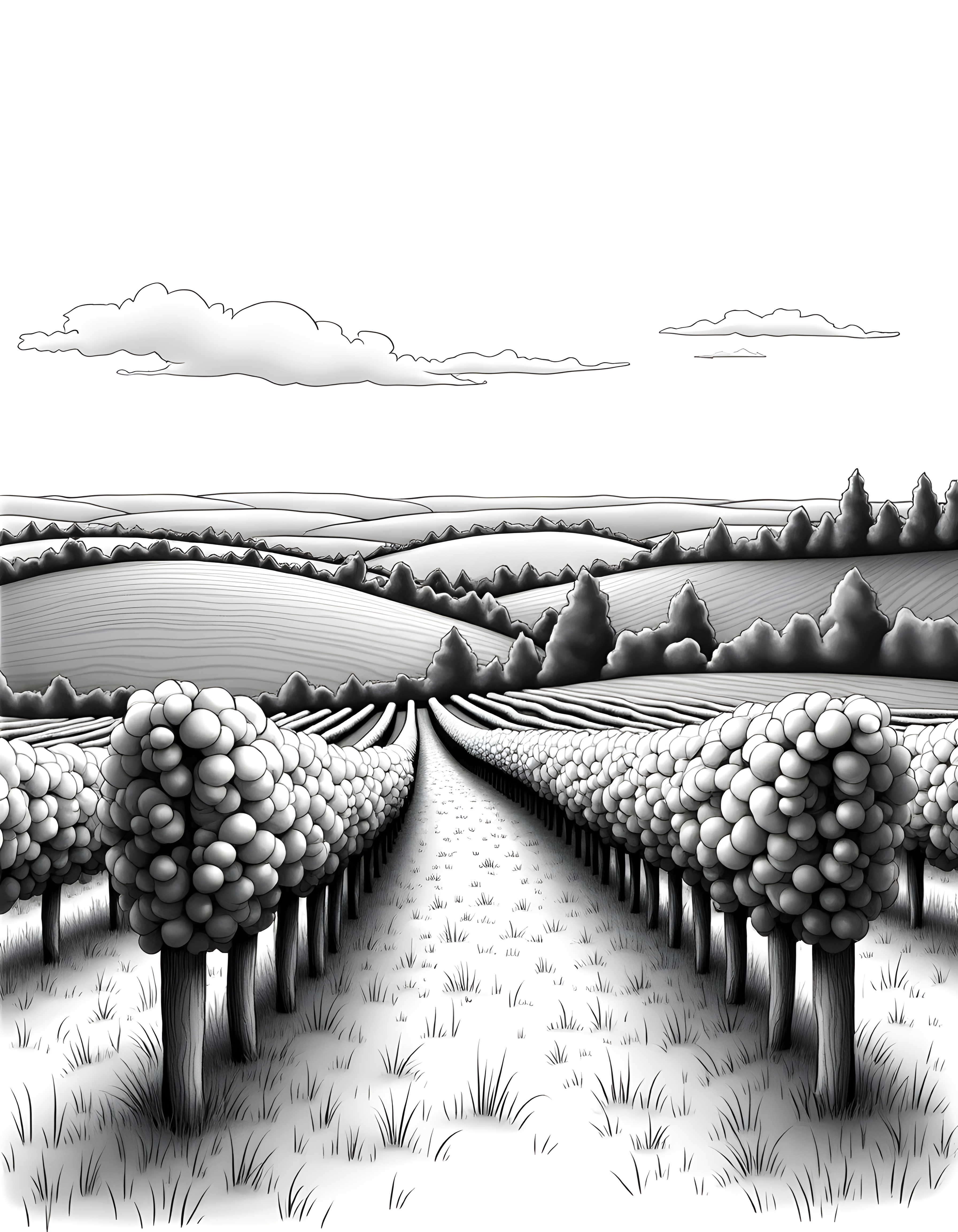 Orchard Farm Landscape Line Art Wall Art