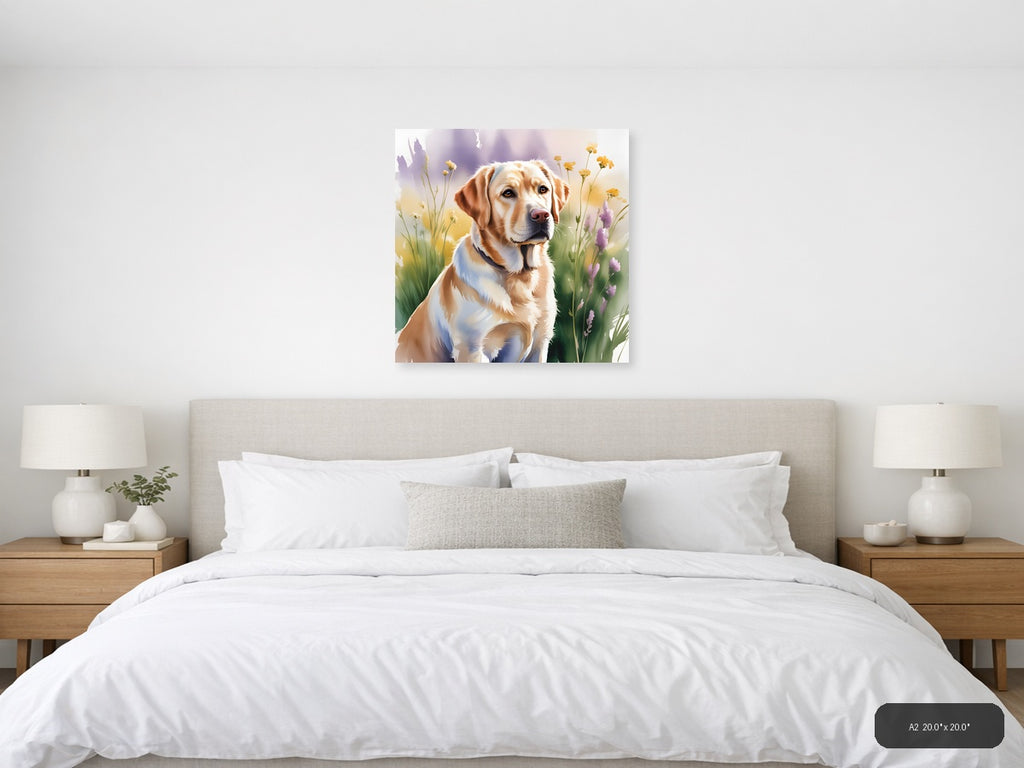 Brown and White Dog with Wildflowers Watercolor Wall Art — A2 / Bedroom