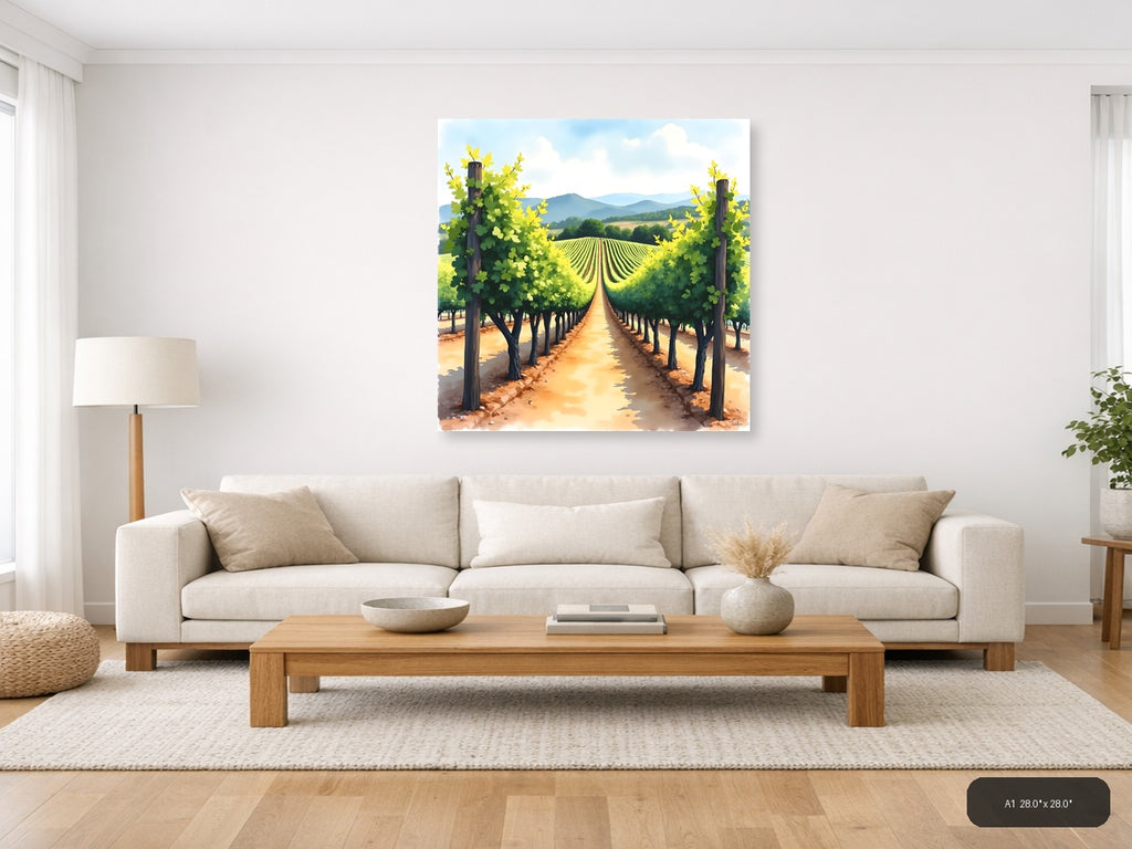 Vineyard Rows Watercolor Landscape Wall Art — A1 / Living Room