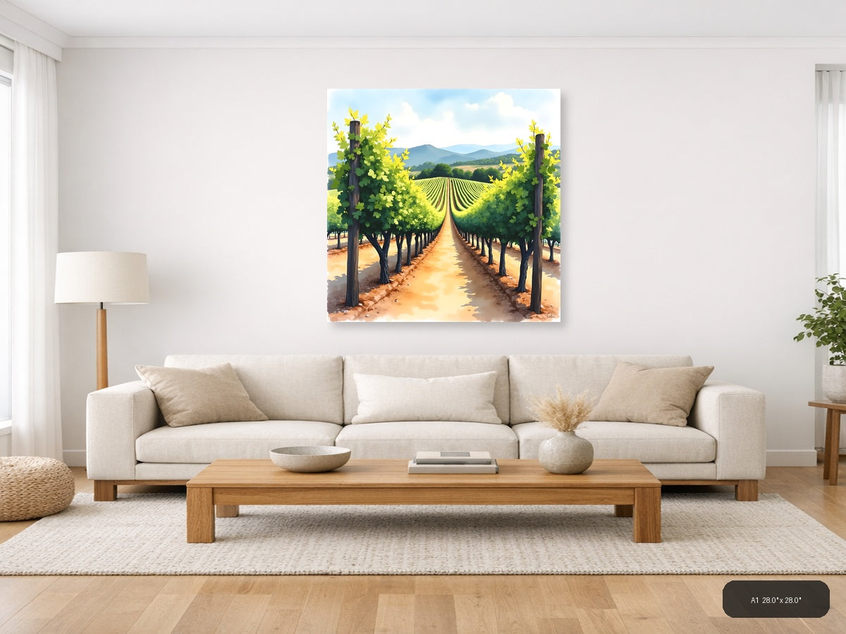 Vineyard Rows Watercolor Landscape Wall Art — A1 / Living Room
