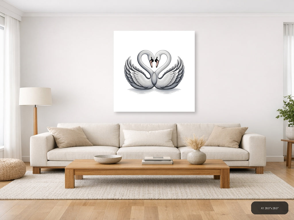 Two Swans Heart Shape Minimalist Wall Art — A1 / Living Room