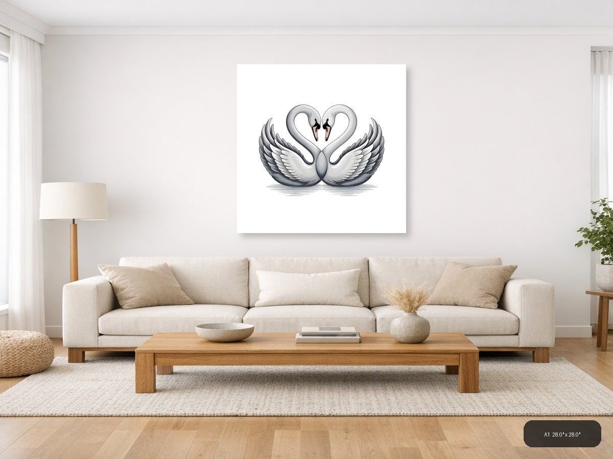Two Swans Heart Shape Minimalist Wall Art — A1 / Living Room