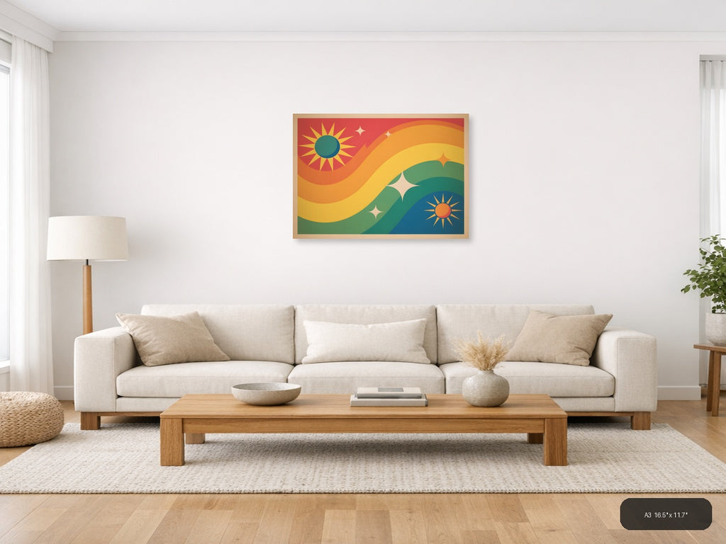 Vintage Sunset Landscape with Suns & Stars Wall Art — A3 / Living Room