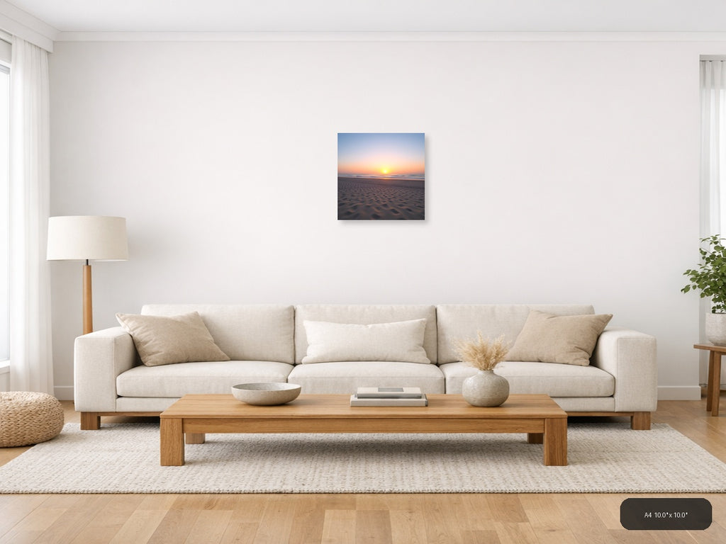 Minimalist Beach Sunset with Rippled Sand Wall Art — A4 / Living Room