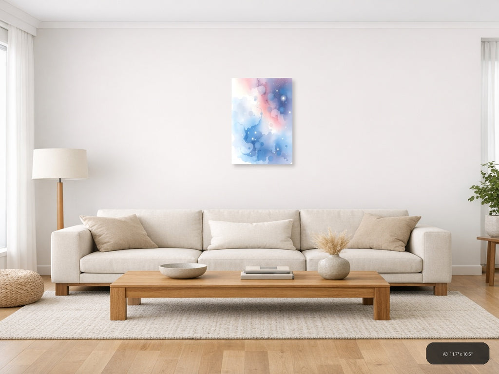 Abstract Watercolor Blue Pink Bokeh Particles Wall Art — A3 / Living Room