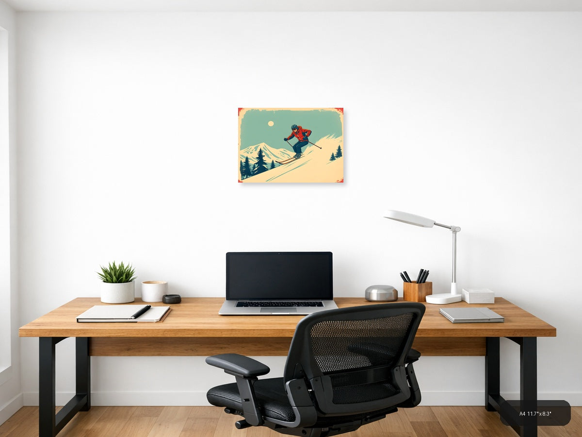 Vintage Skier on Mountain Slope Wall Art — A4 / Office