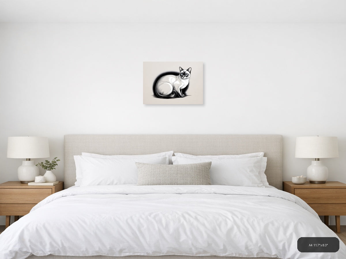Siamese Cat with Fluffy Tail Line Art Wall Art — A4 / Bedroom