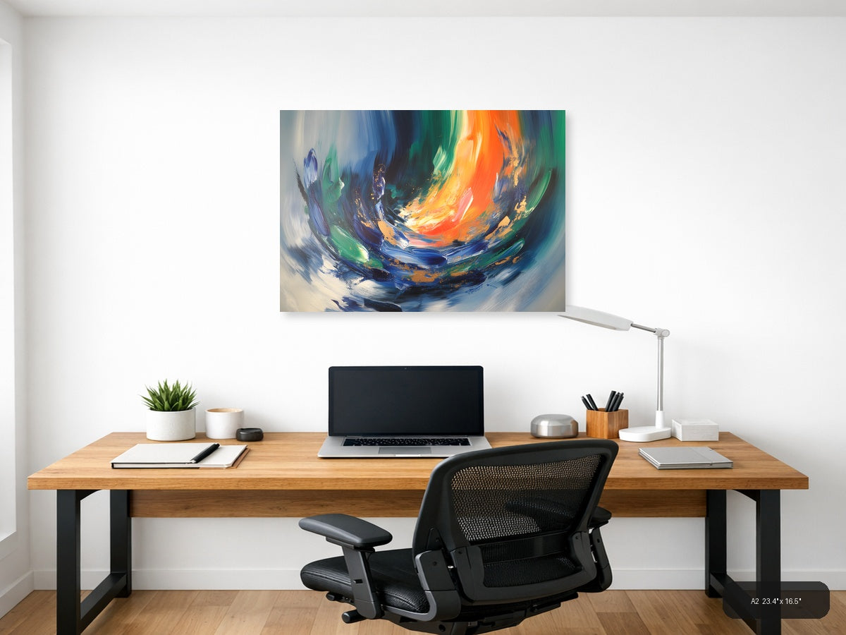 Vibrant Abstract Swirl with Orange and Blue Wall Art — A2 / Office