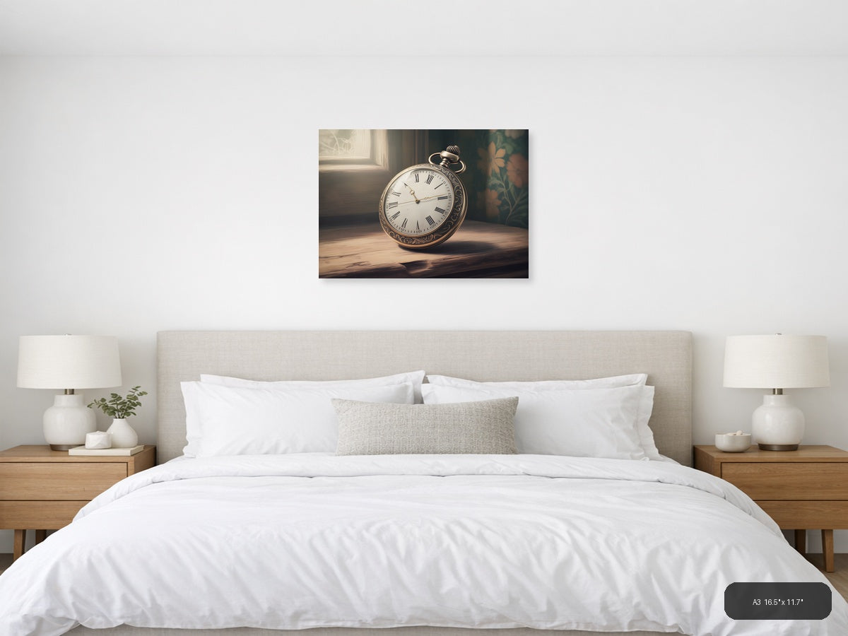 Vintage Pocket Watch with Roman Numerals Wall Art — A3 / Bedroom