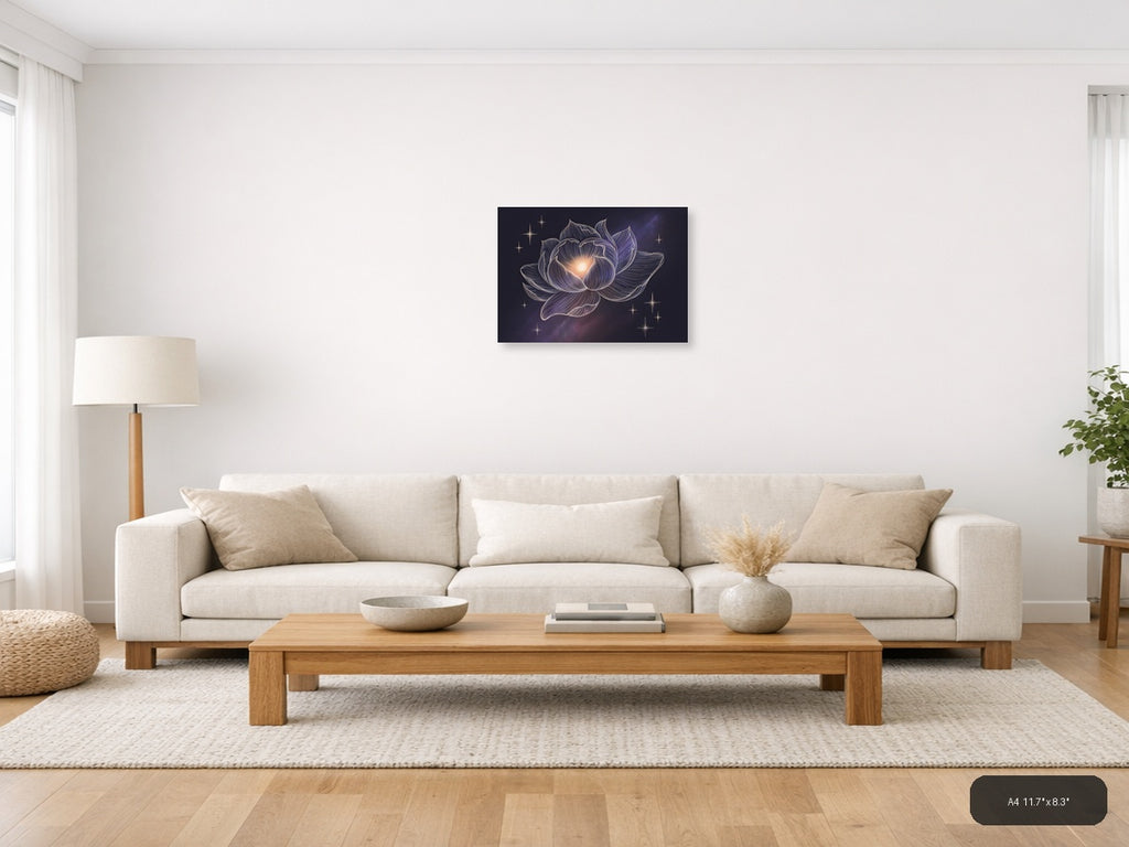 Glowing Lotus Flower Line Art With Stars Wall Art — A4 / Living Room